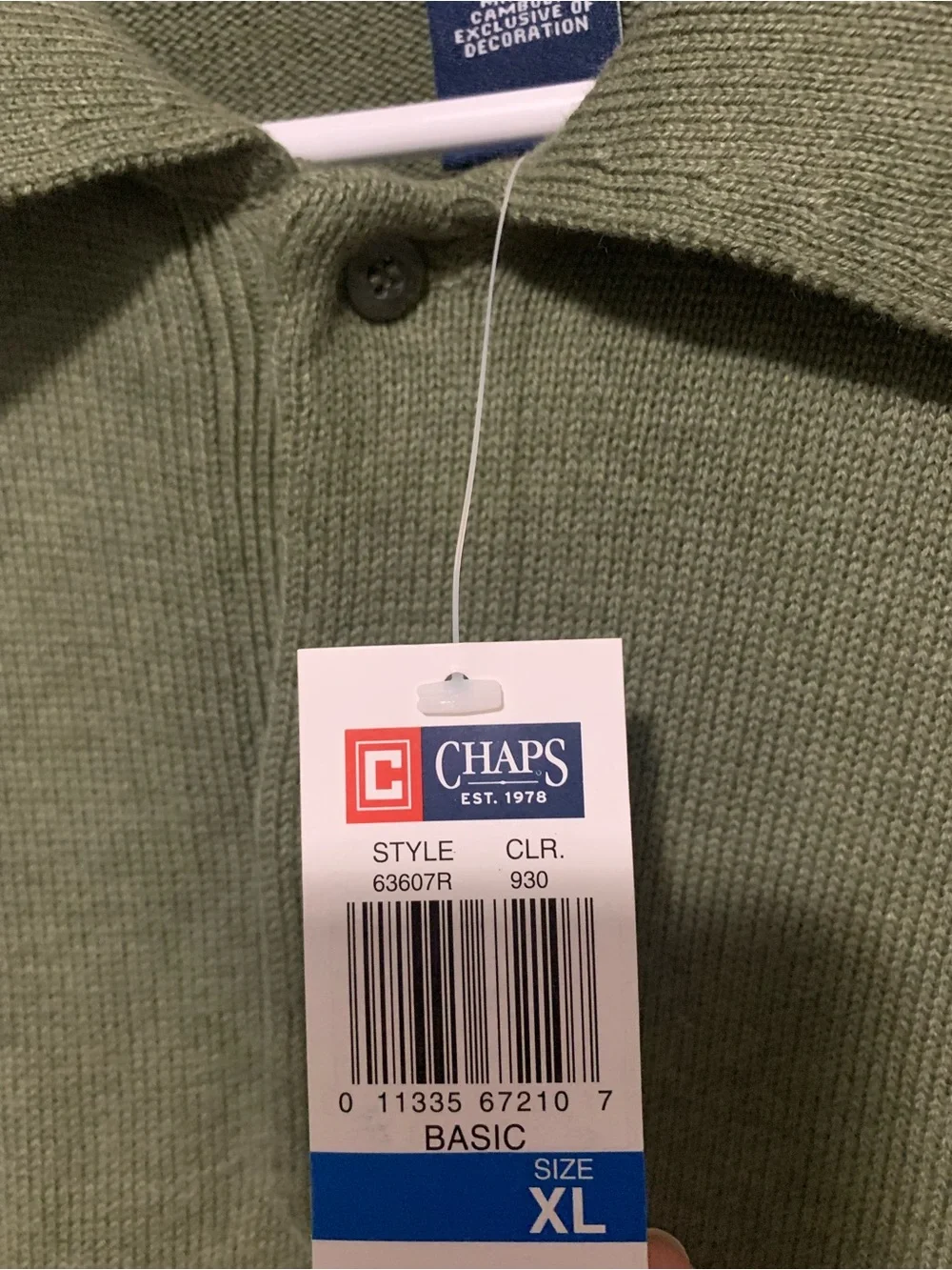 Chaps Men’s Olive Green Long Sleeve Polo with Contrast Collar